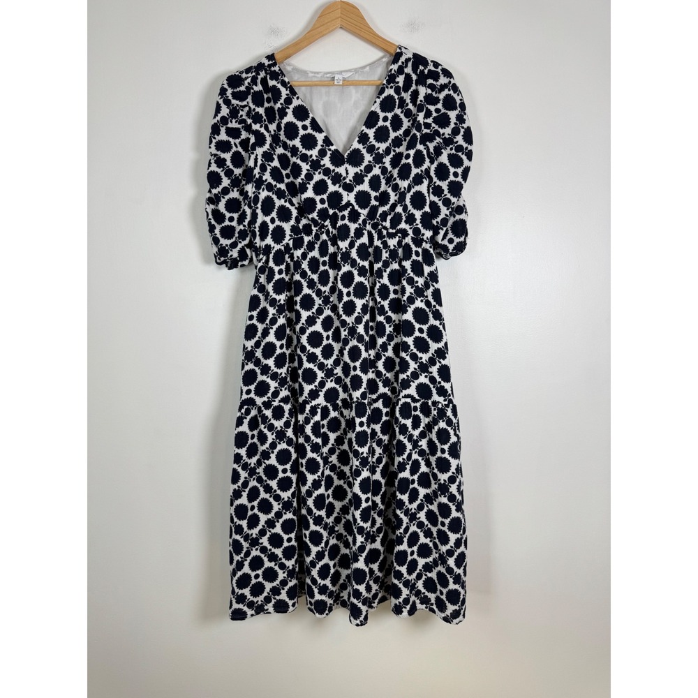 Cottagecore Time and Tru Womens L 12-14 Midi Dress Navy White Floral Puff Sleeve